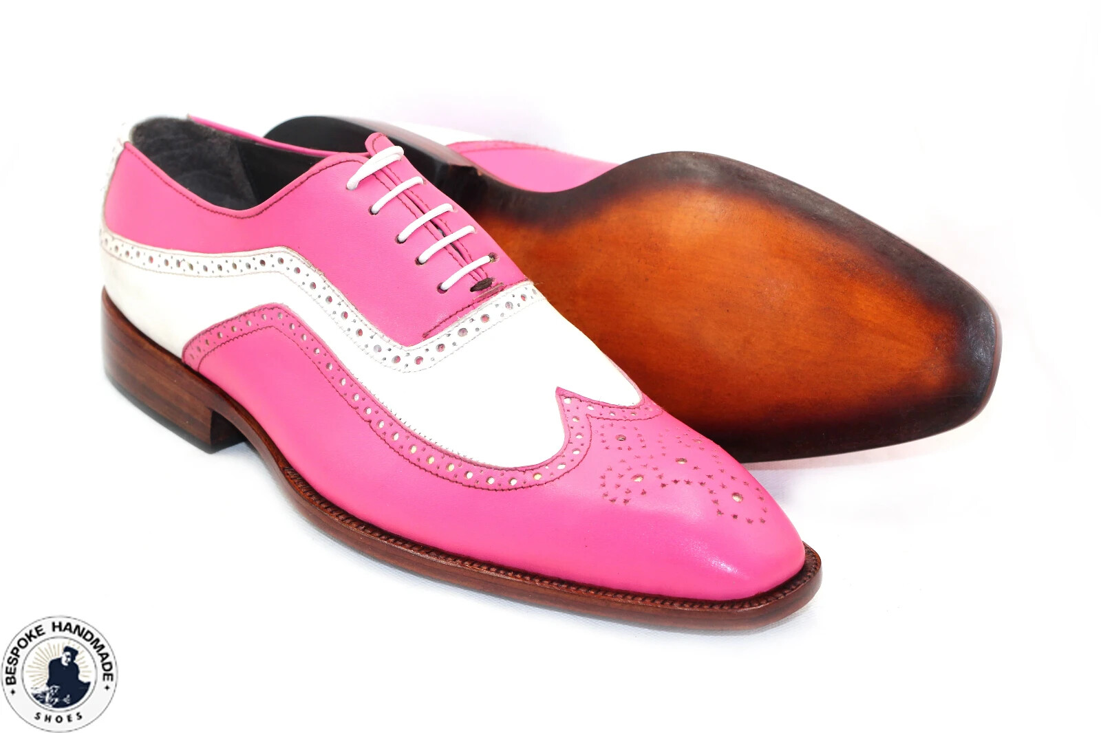 Handmade Lovely Design Two Tone Pink, White Leather Wingtip Shoes, Oxford Brogue