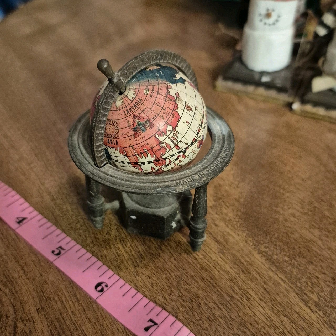 Vintage Mini Die-Cast Copper Metal Spinning World Globe Pencil Sharpener 3"