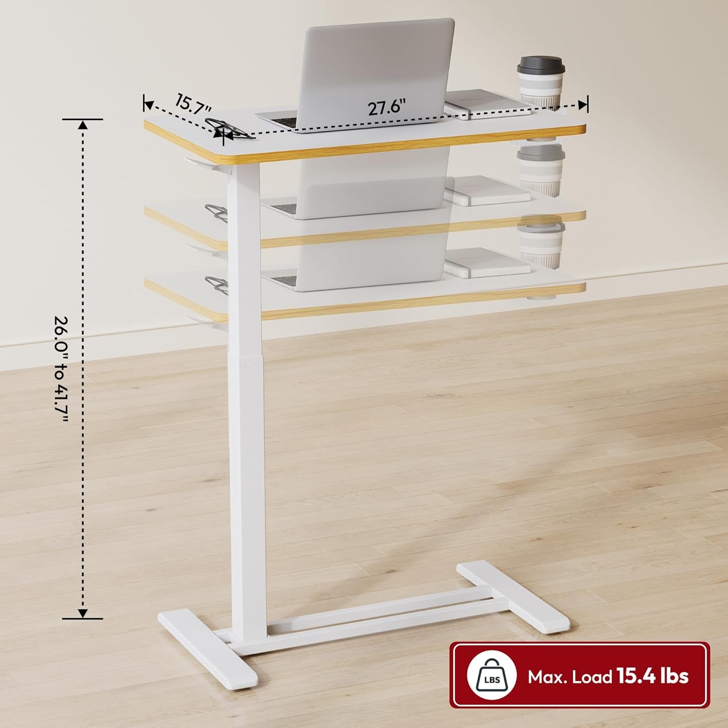 FLEXISPOT Adjustable Overbed Bedside Table w Hidden Casters White 27.6" x 15.7"