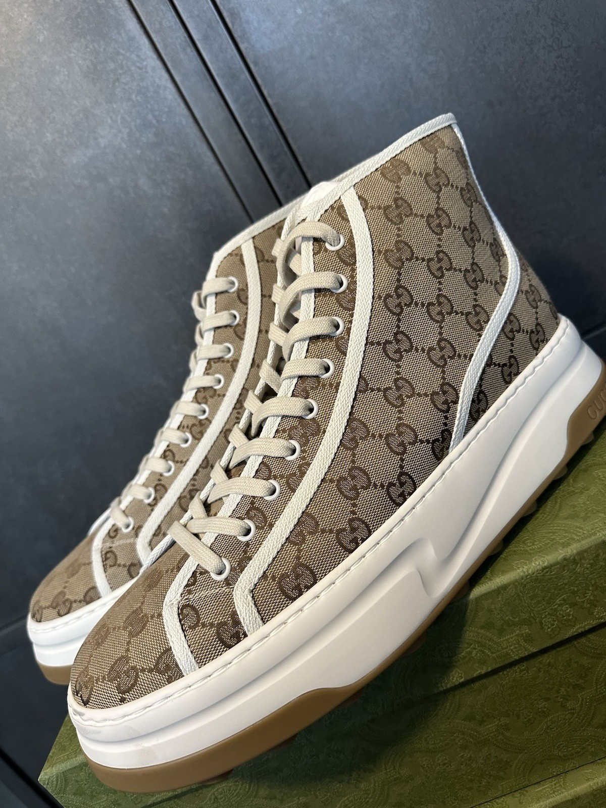 Gucci Mens Tennis 1977 High Top Brown GG Supreme Monogram Size 14.5UK/15.5US