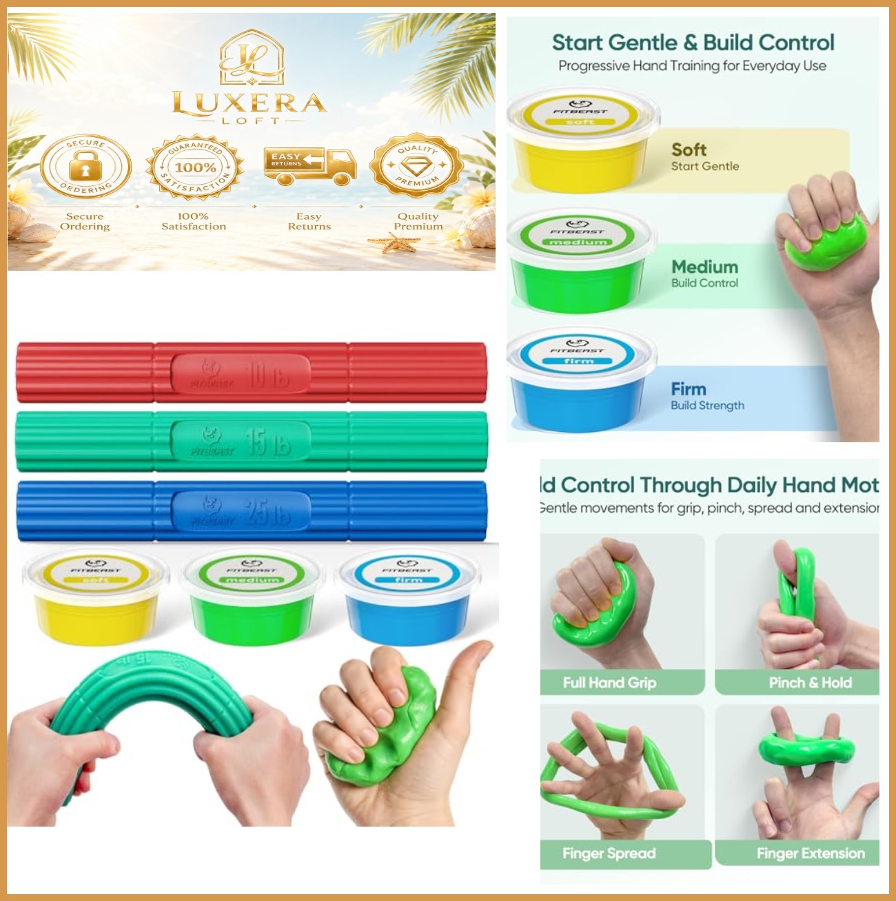 Hand Therapy Putty Set 6 Piece Flex Bars Grip Strengthener Finger Wrist Forearm