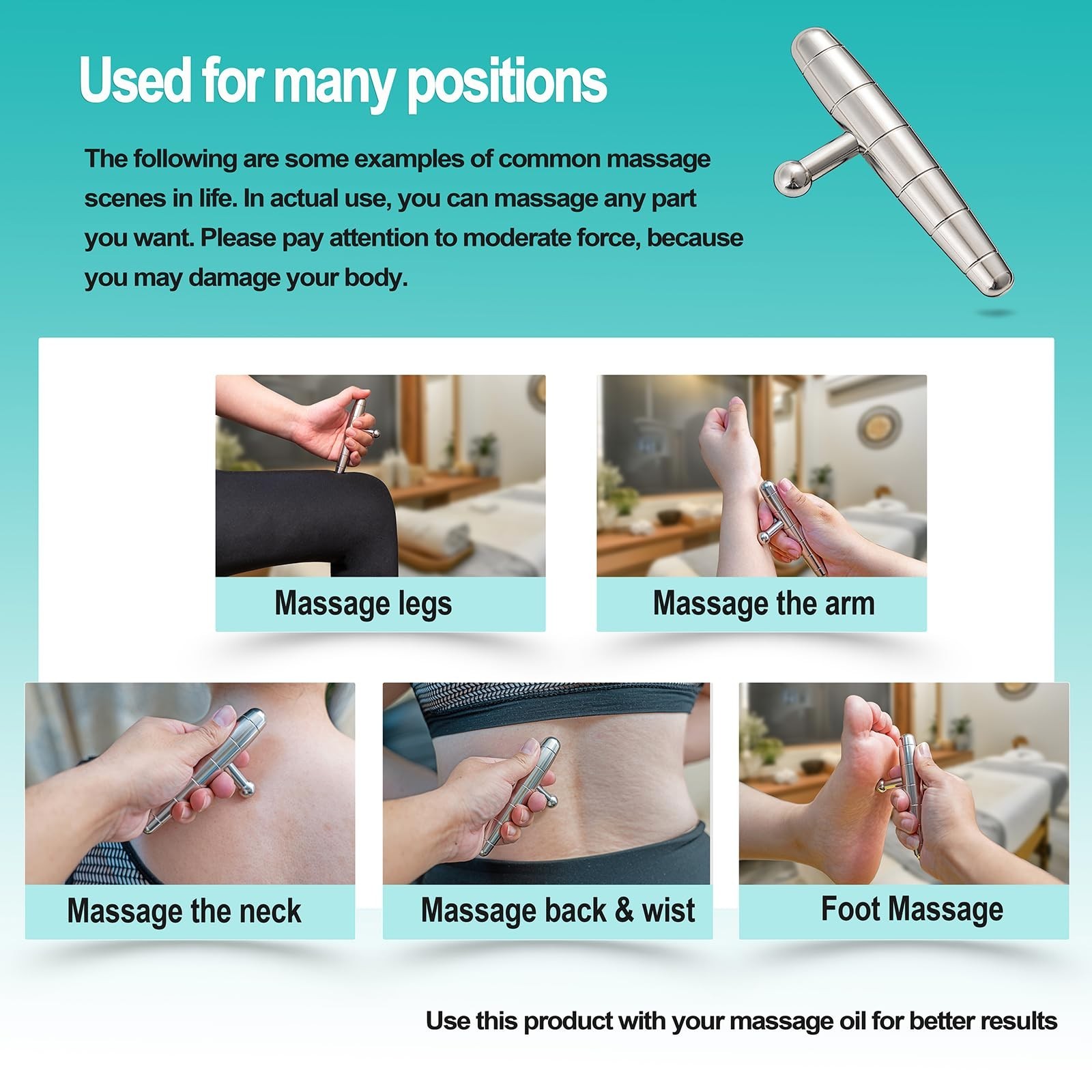 2 in 1 Trigger Points Massage Tool Stainless Steel T-Bar Deep Tissue Massage ...