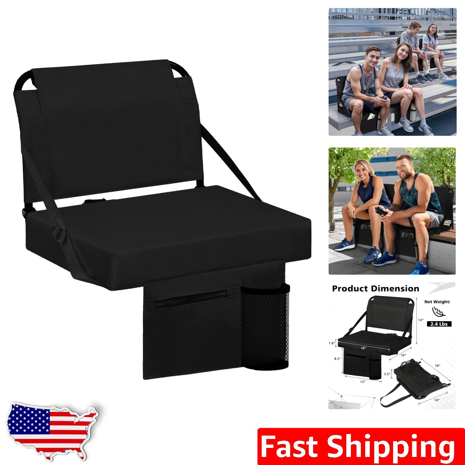 Durable Stadium Seat, Back Support, Cup Holder, 600D Oxford Fabric