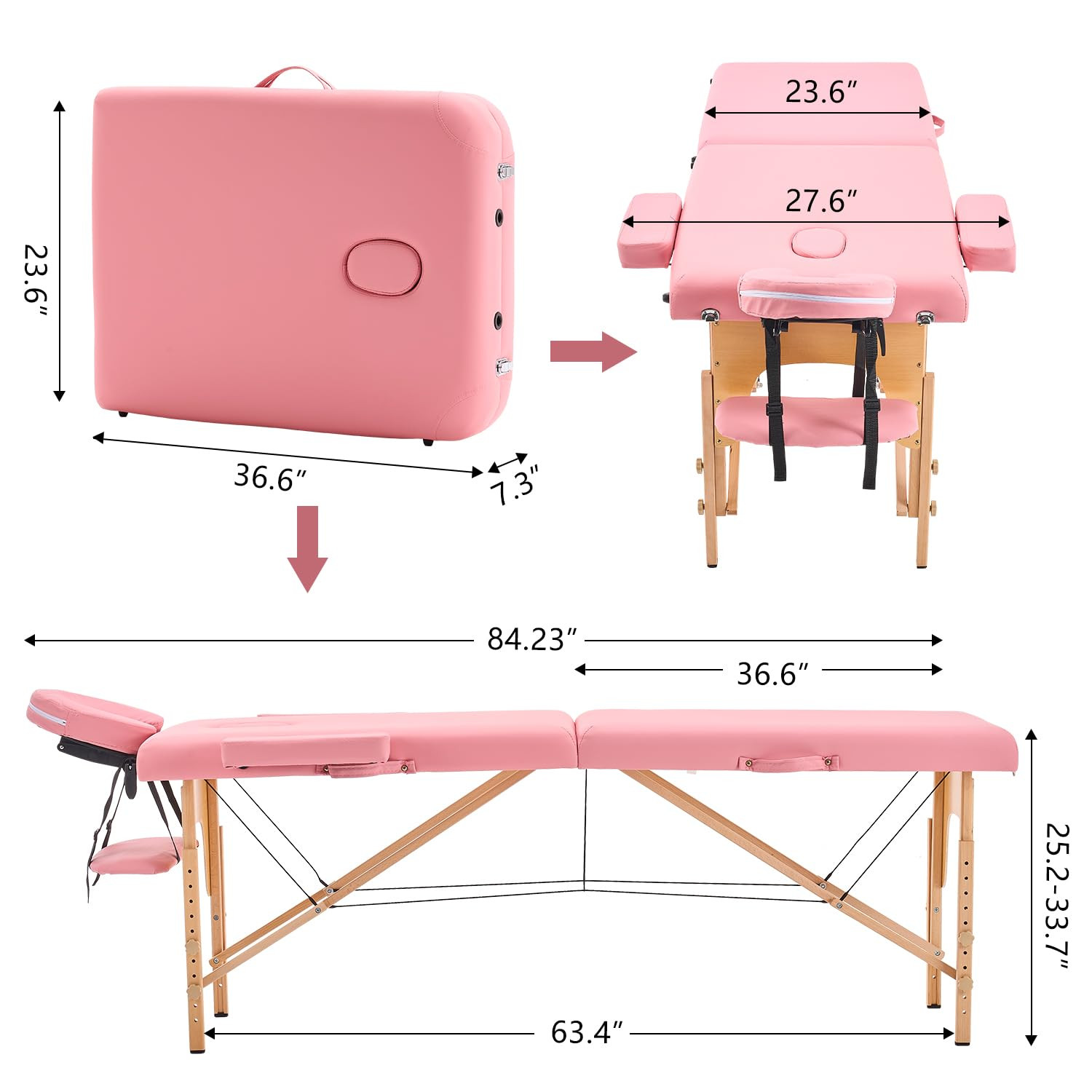 Portable Adjustable Massage Table with Accessories - Pink Wooden Frame