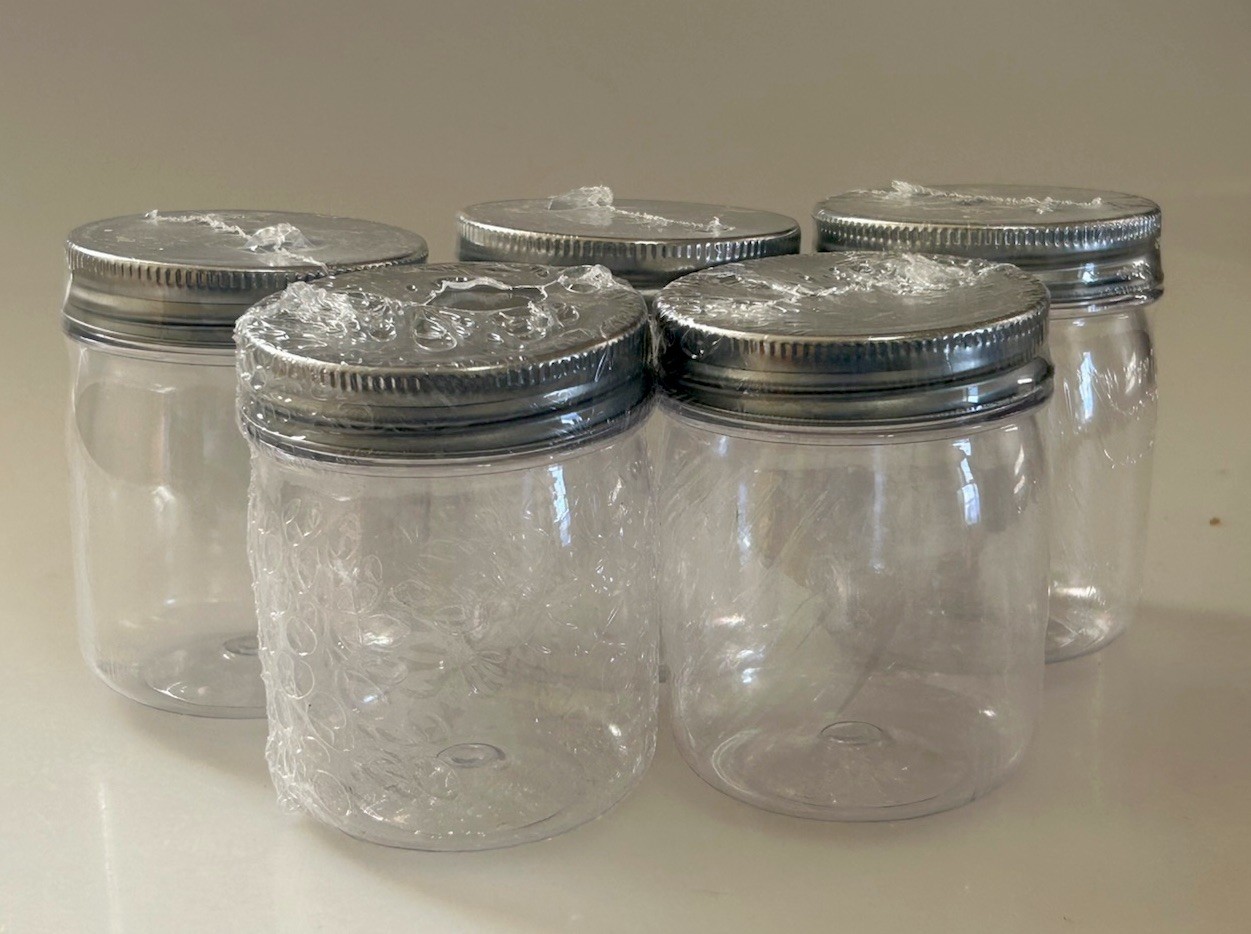 Lot of 5 Clear Plastic Jars With Lids 4-6 oz - 3 inch Height Craft Storage Jars