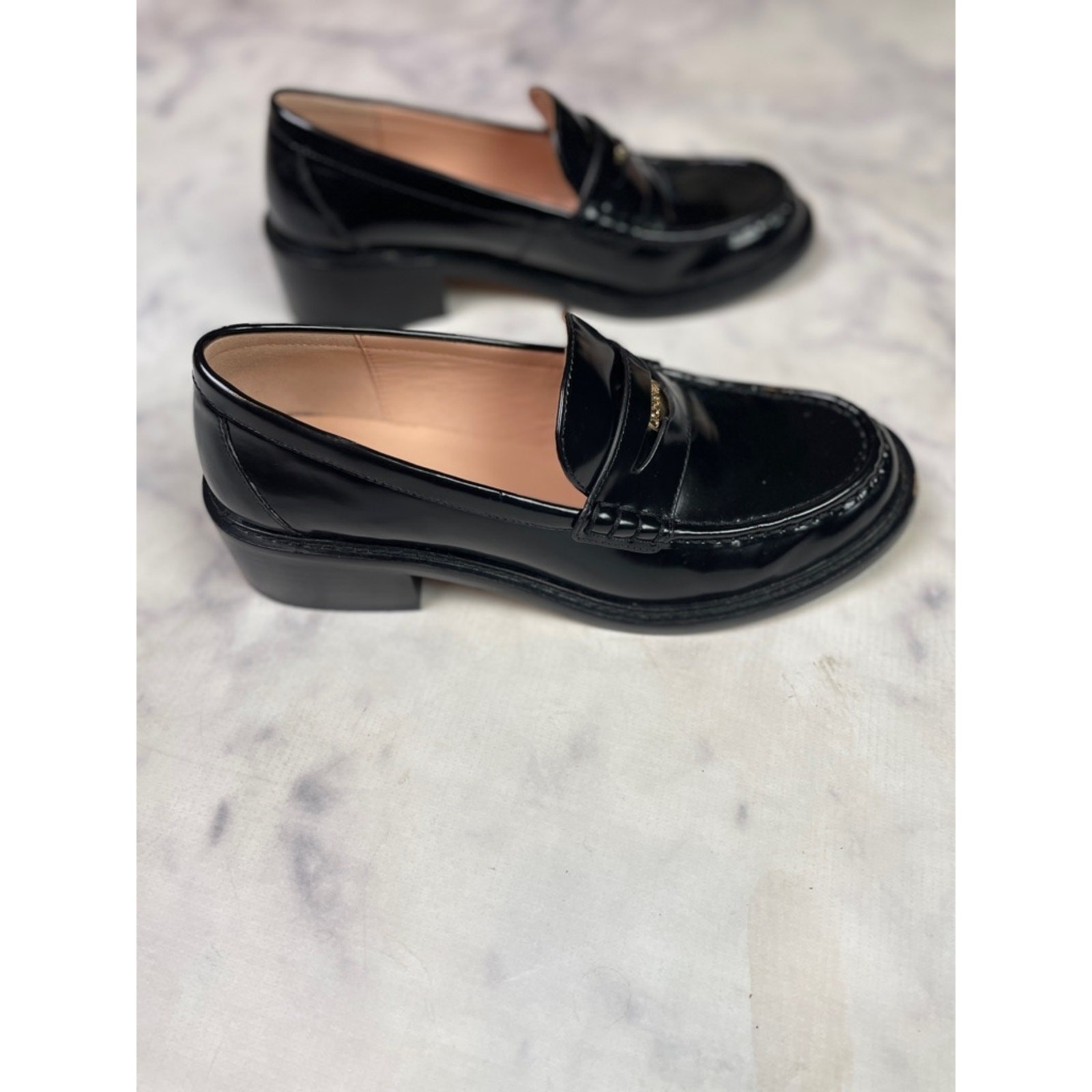 J. Crew Coin Loafers Black Patent Leather Block Heel Modern Classic Sz 9
