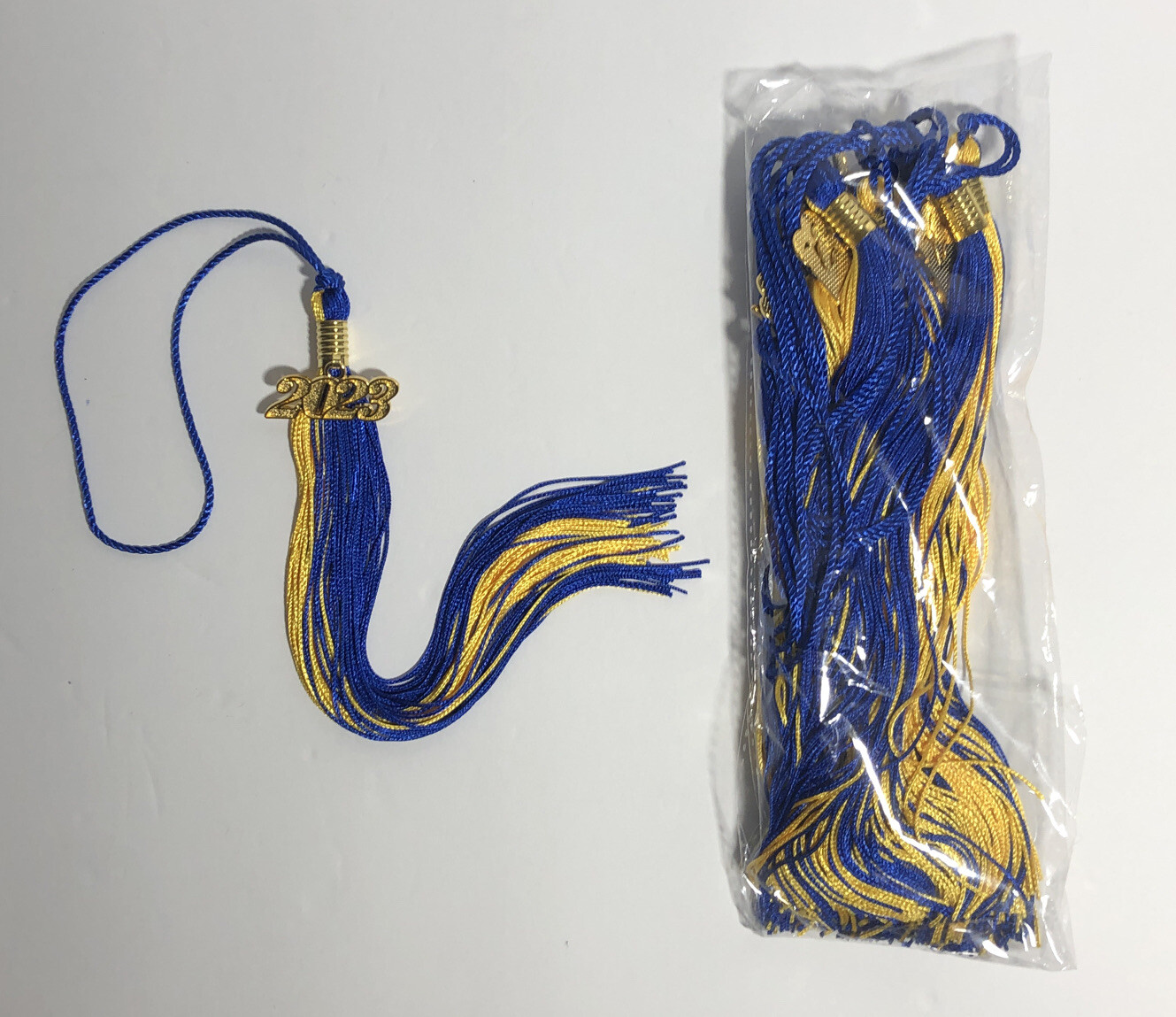 10 Yellow / Blue 2  Color Graduation Tassel With Gold Class of 2023 Lot 10 Pack