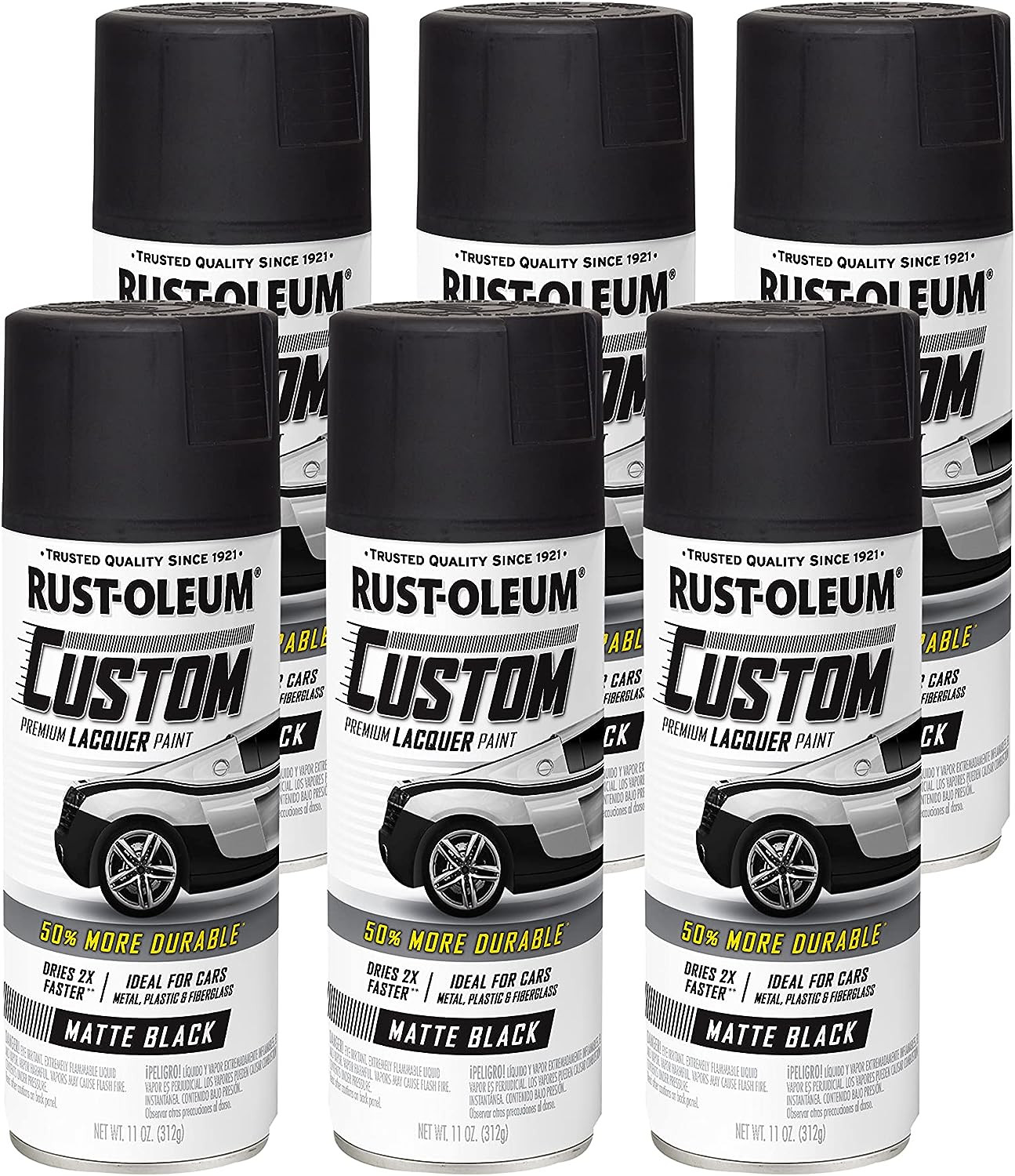 Rust-Oleum 332289 Automotive Lacquer Spray Paint, 11 oz, Matte Black, 6 Pack