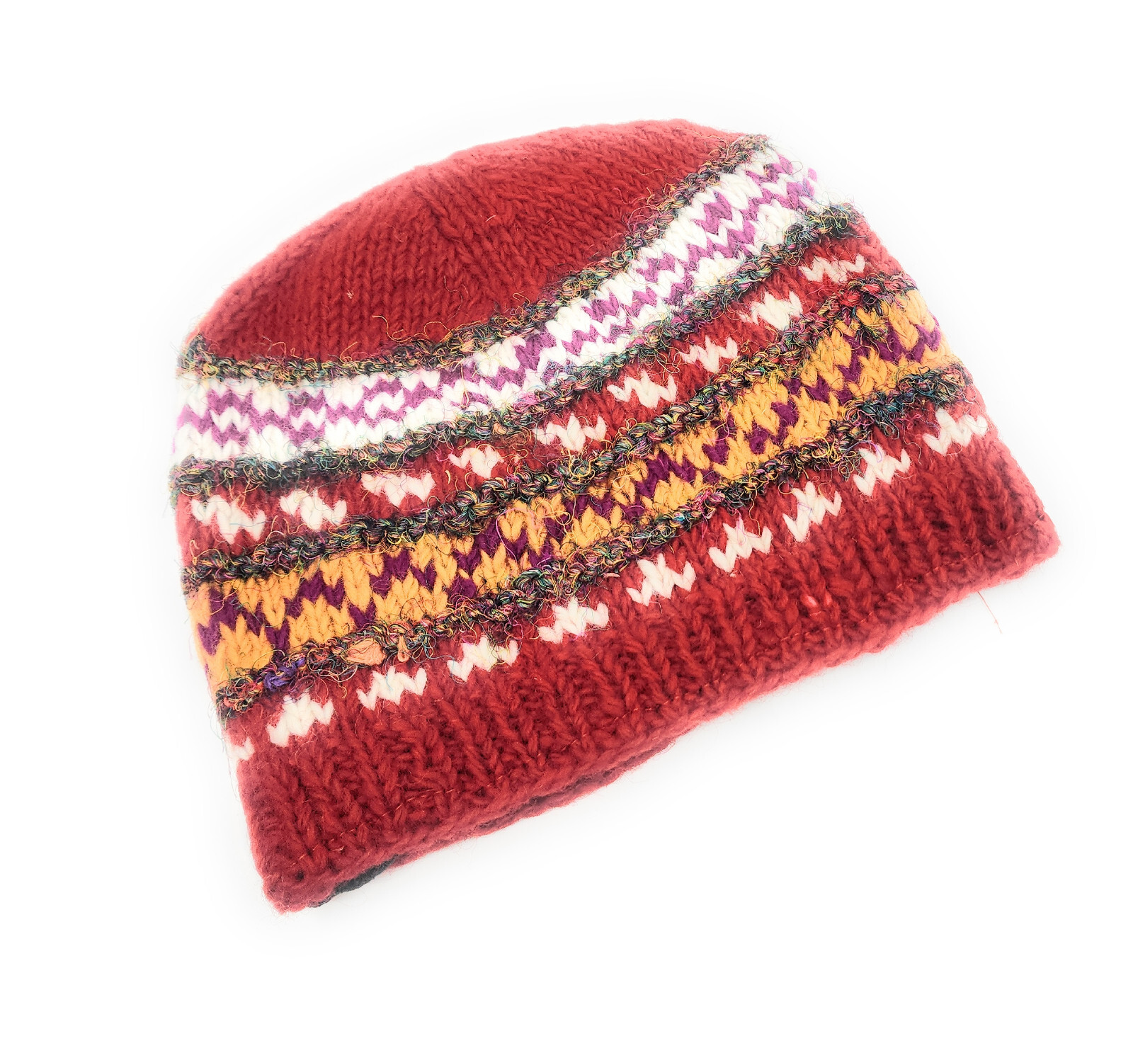 Hand Knit Wool & Recycled Silk Beanie Hat Fleece Lined Made in Nepal