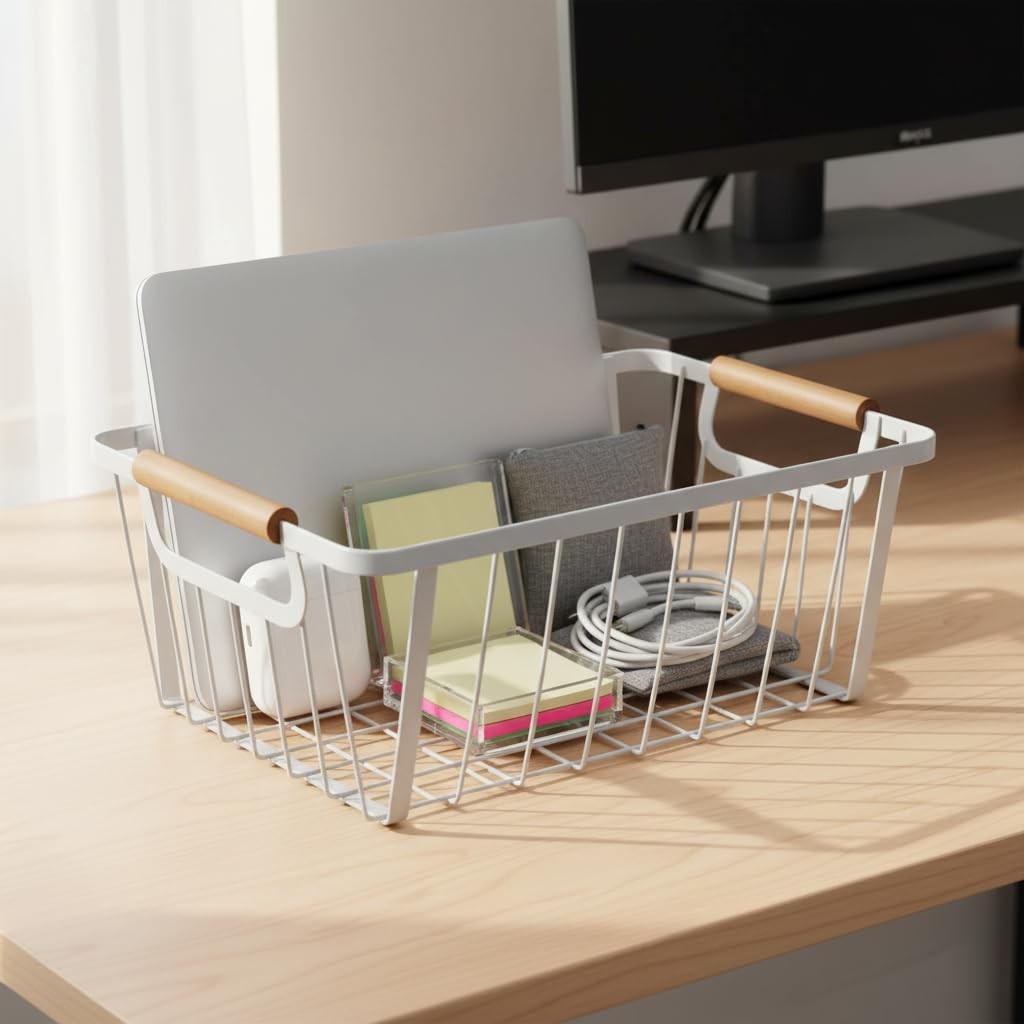 White wire baskets for organizing with Wooden Handle ,Metal Wire Storage Bask...