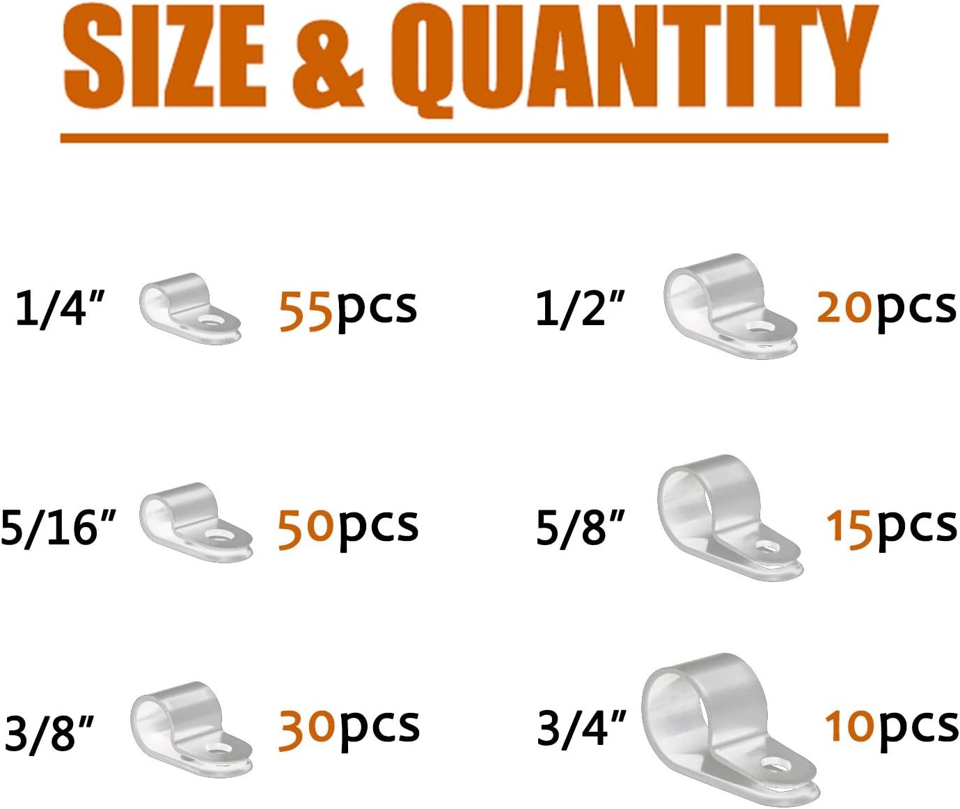 ISPINNER 180pcs Nylon Plastic R-Type Cable Clamps, 1/4" 5/16" 3/8" 1/2" White