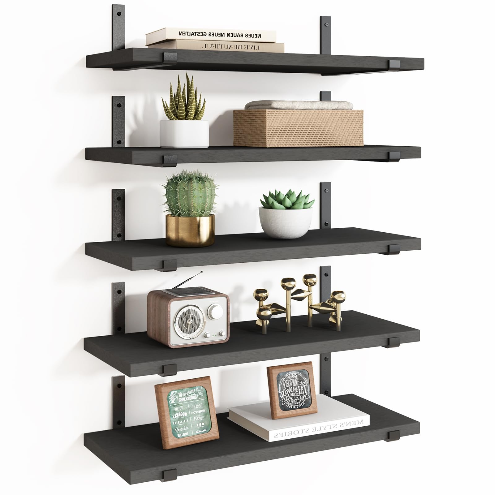 5 Pcs Floating Shelves Set Width 4.7 Inches Black Wall Rustic Wood Storage