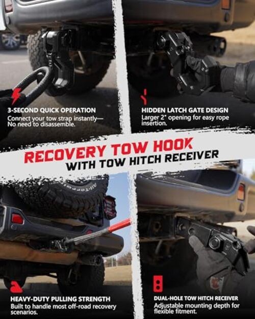 Tow Hook with 2" Hitch Receiver, Shackle Hitch Hook & Hitch Receiver [Black]