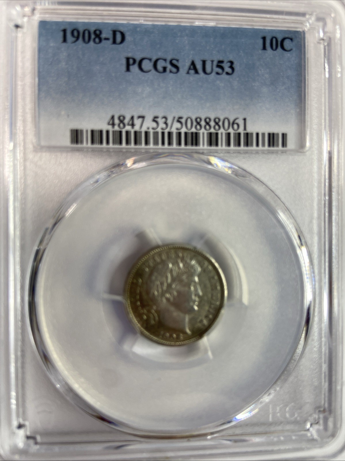 1908-D Barber Dime PCGS AU53  90% Silver Liberty Head Coin