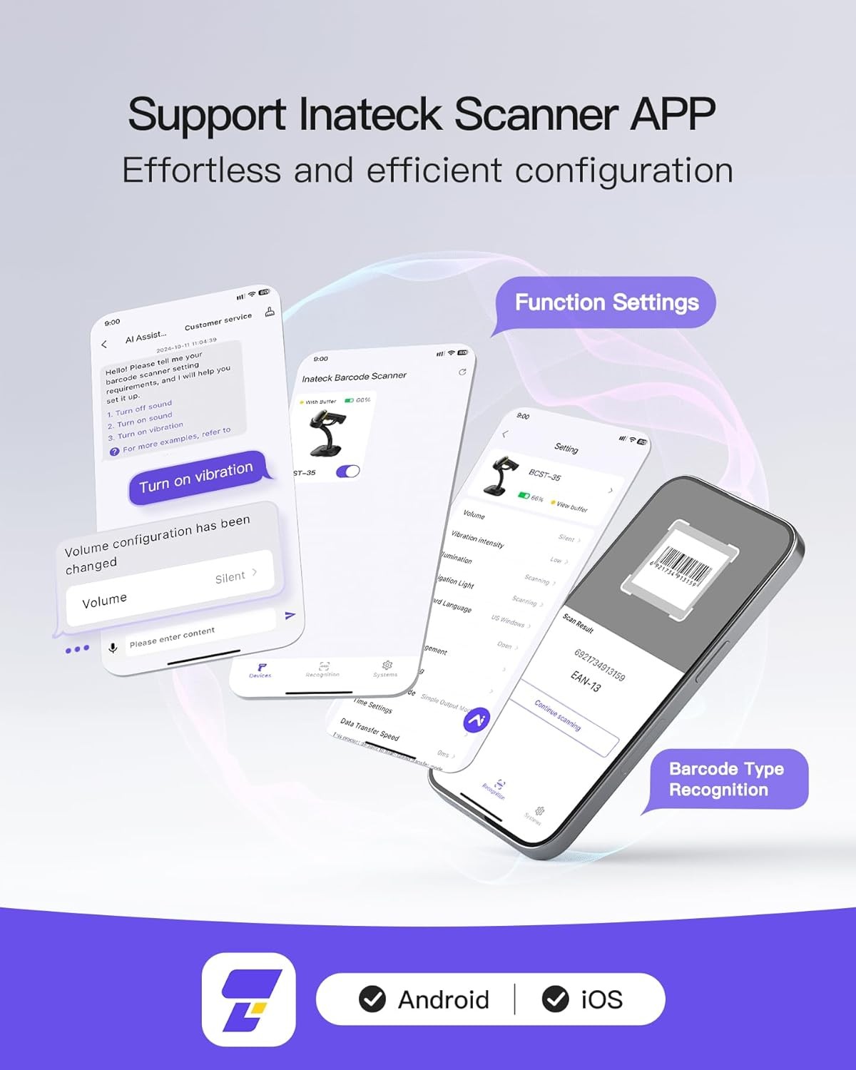 Inateck 2D Barcode Scanner with Intelligent Stand, ,Handheld with APP and SDK