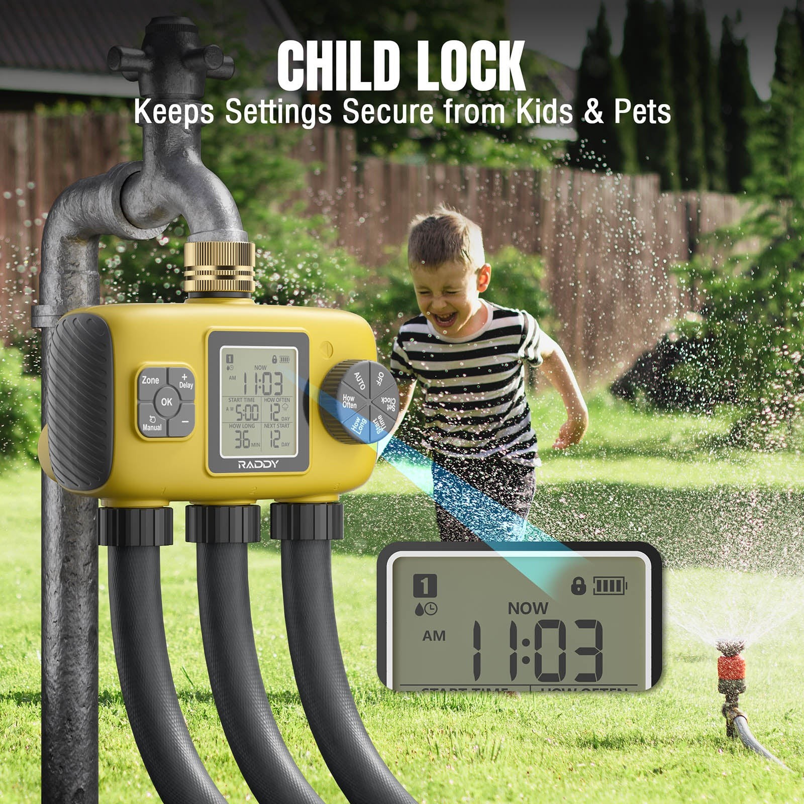 Raddy WS-8 3-Zone Sprinkler Timer: Large LCD, IPX5 Waterproof & Rain Delay