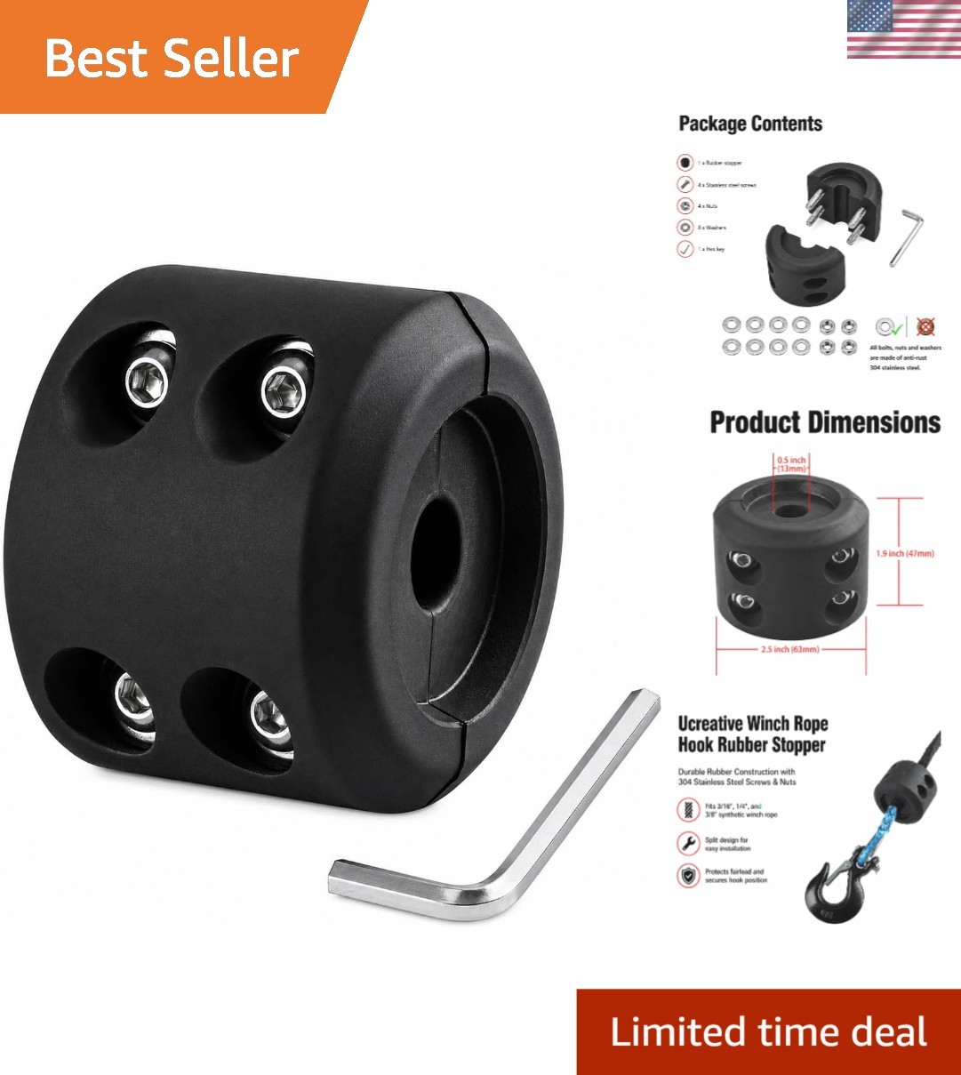 Heavy-Duty Rubber Winch Rope Hook Stopper with Easy Install Stainless Steel Set
