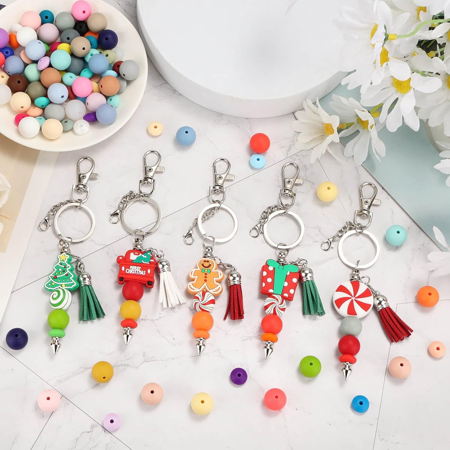 136 Pcs Beadable Keychain Making Kit, Silicone small or miniature, silver