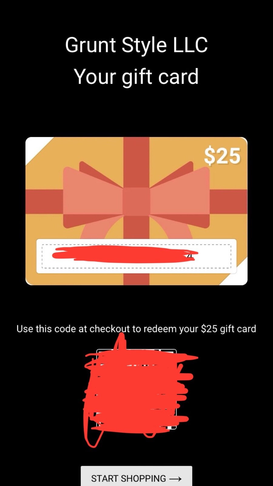 Unused $25 Grunt Style LLC E-Gift Card