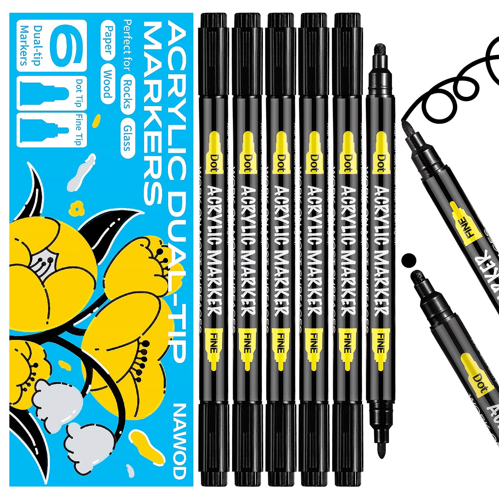 NAWOD 6 Black Acrylic Paint Pens, Acrylic Paint Markers Dual Tip (Dot Tip +
