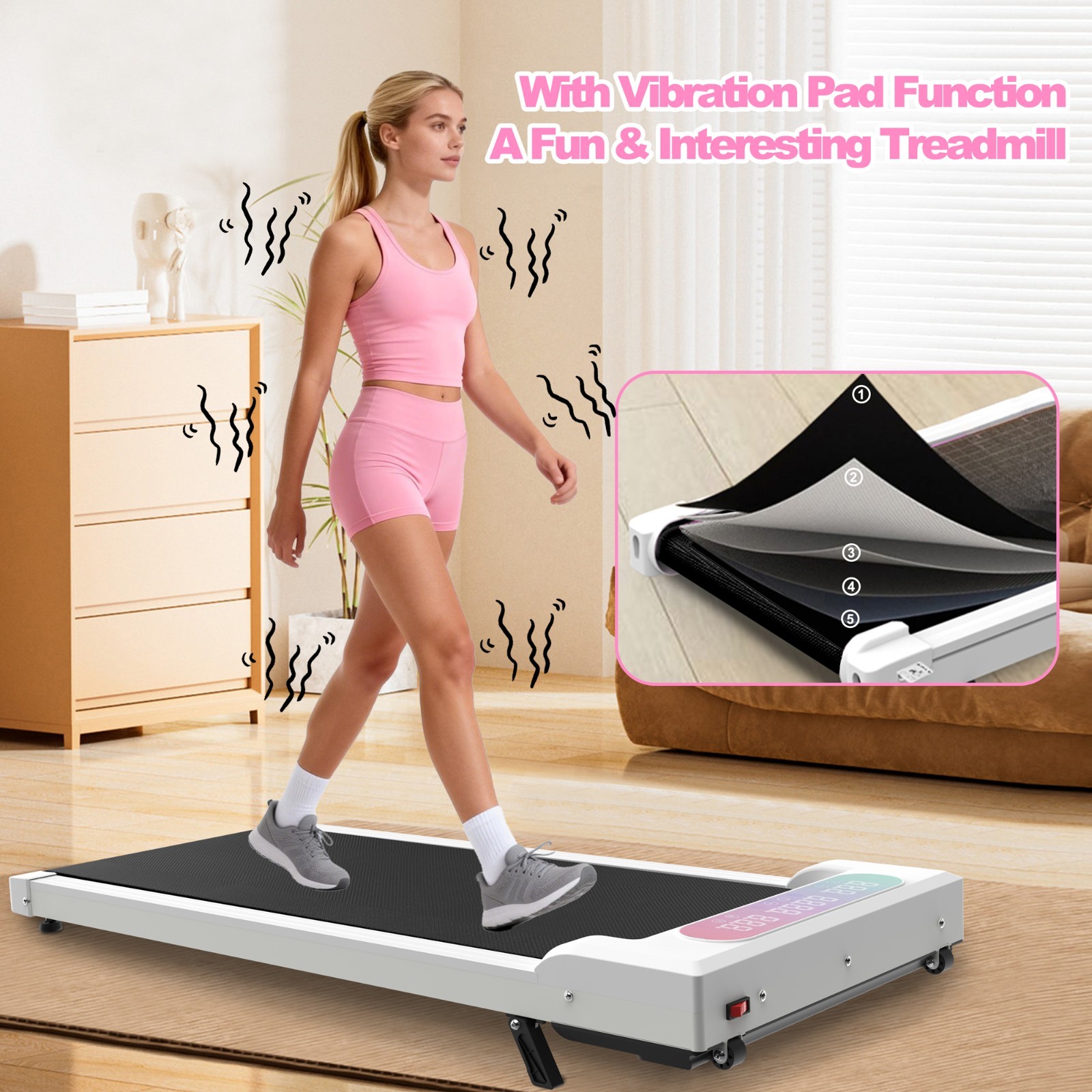 2 in 1 Foldable Treadmill Incline Handle Bar Walking Pad Vibration Pad Remote