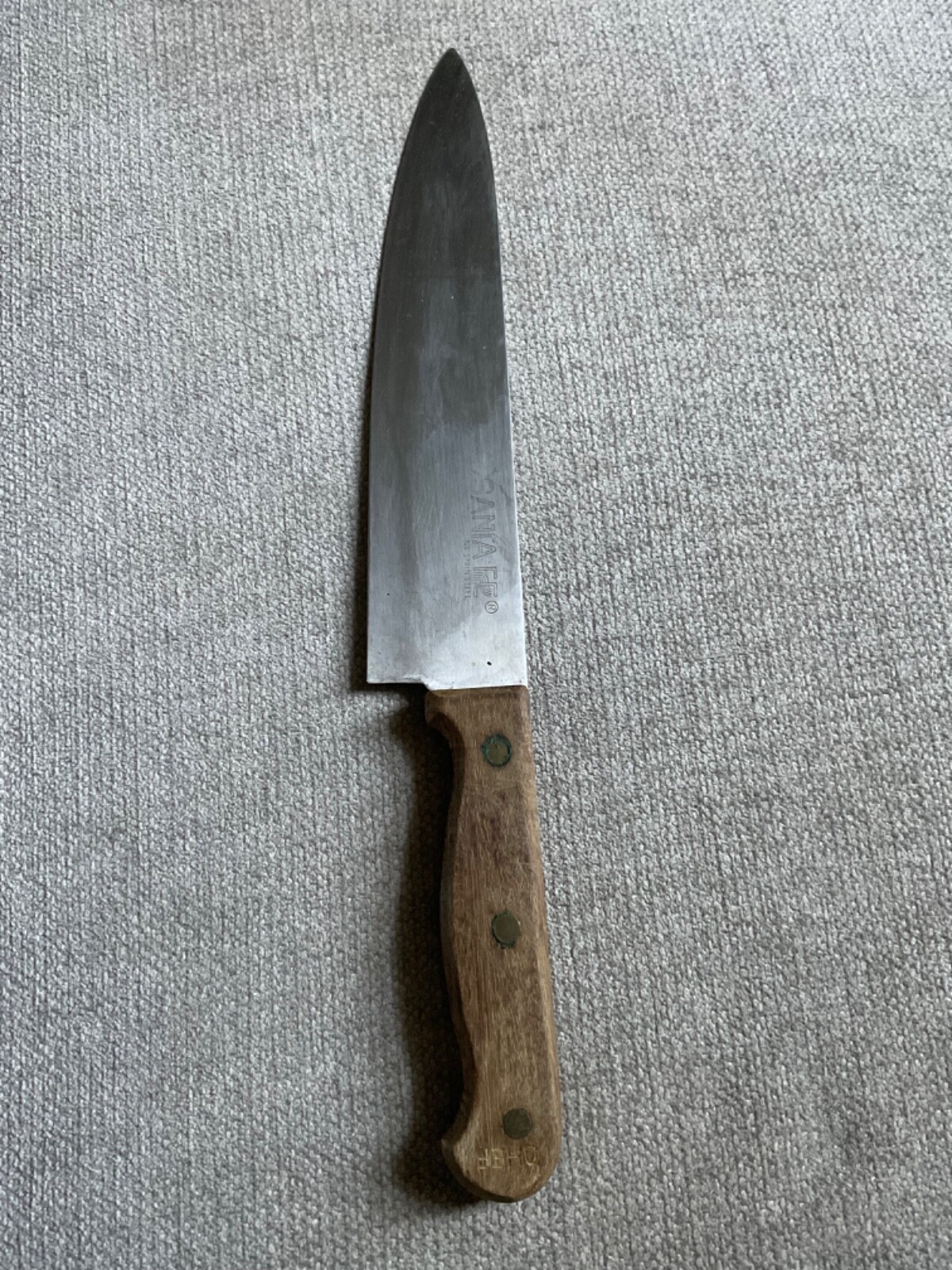 Santa Fe Chef Knife 9" No-Stain Steel Blade Wood Handle Made in Japan Vtg 14.25”