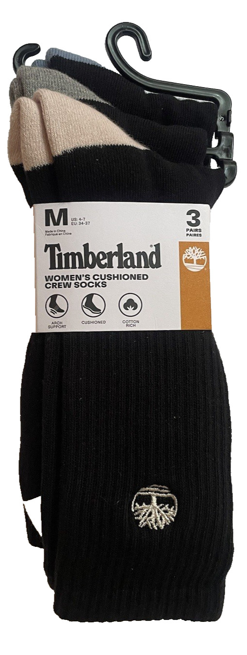 Timberland 3 Pairs WOMEN CUSHIONED CREW SOCKS Jet Black Socks Shoe sz 4-7 M NWT