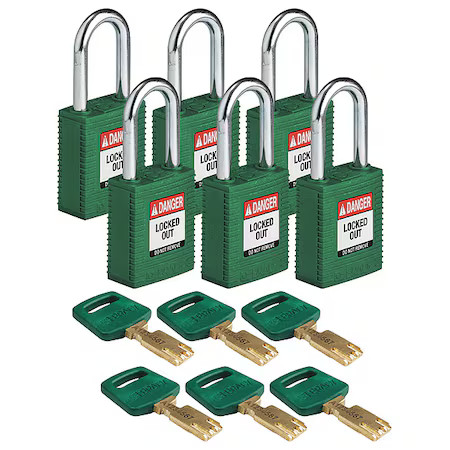 Brady Nyl-Grn-38St-Kd6pk Lockout Padlock, Keyed Different, Nylon, Green, 1 1/2