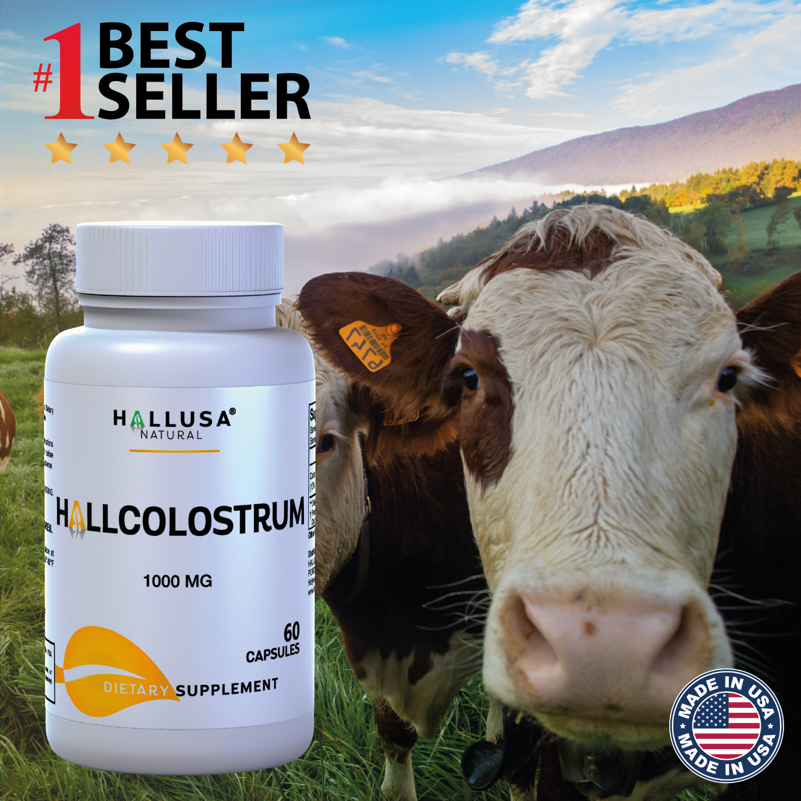 Hallusa Natural HALLCOLOSTRUM Bovine Colostrum 1000mg Digestive Support, 60 Caps