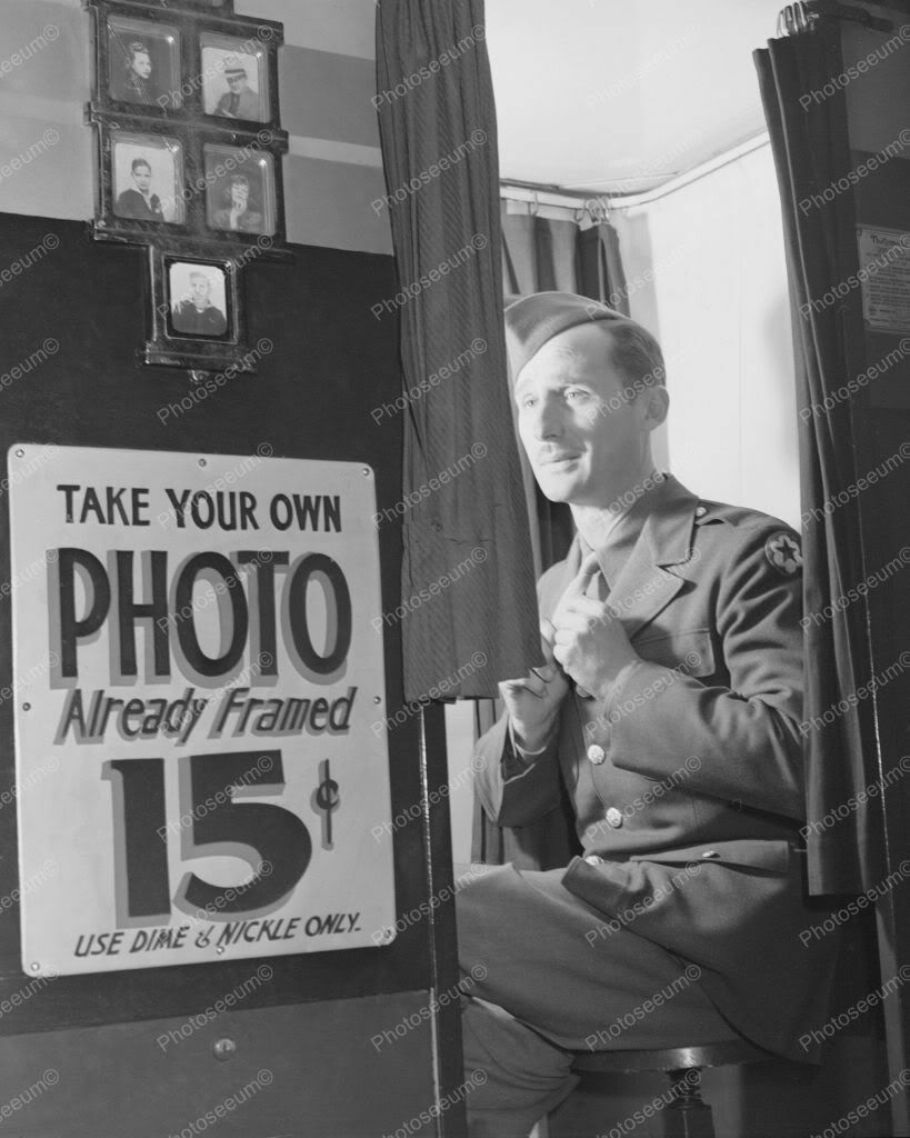 Picture Booth Soldier Self Picture 1940s 8" - 10" B&W Photo Reprint