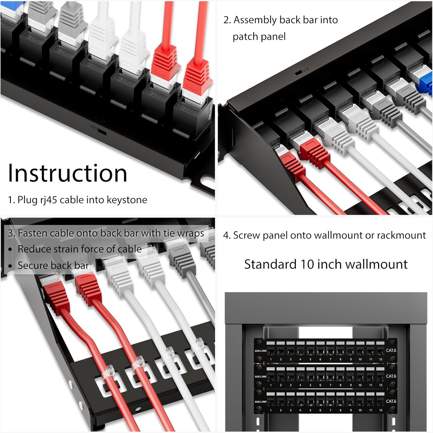 10Gbps Patch Panel 12 Port, 10-Inch Through Coupler RJ45 Cat6 Patch Panel with B