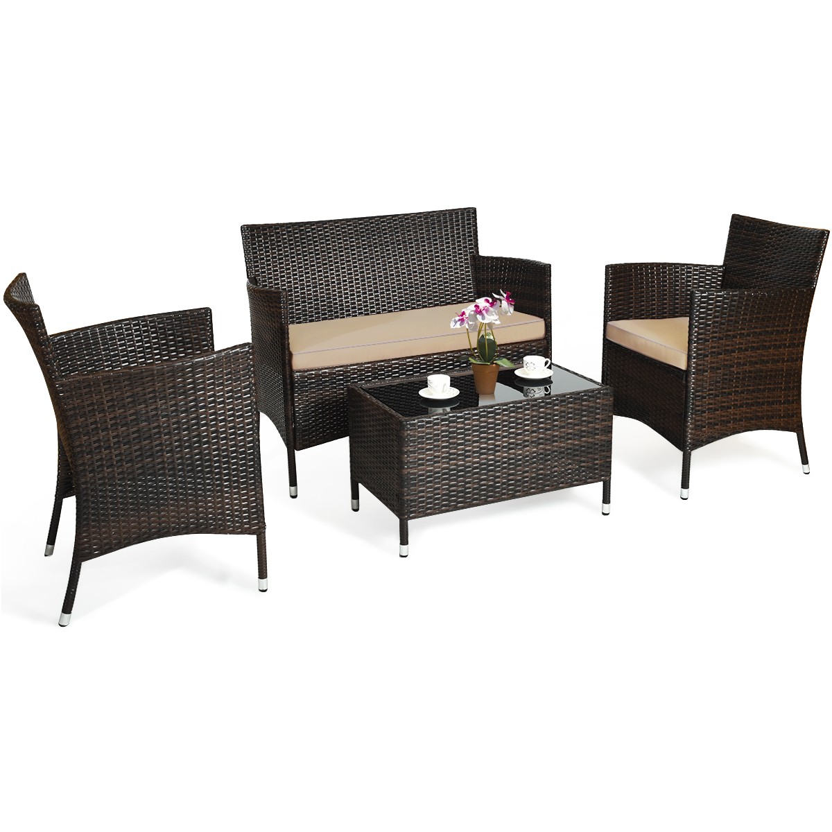 4 PCS Rattan Patio Furniture Set Cushioned Sofa Chair Coffee Table for Outdoor