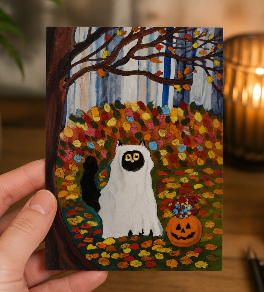 Halloween Ghost Cat Art Print 4x6 Original Illustration Fall Decor Cat Lover