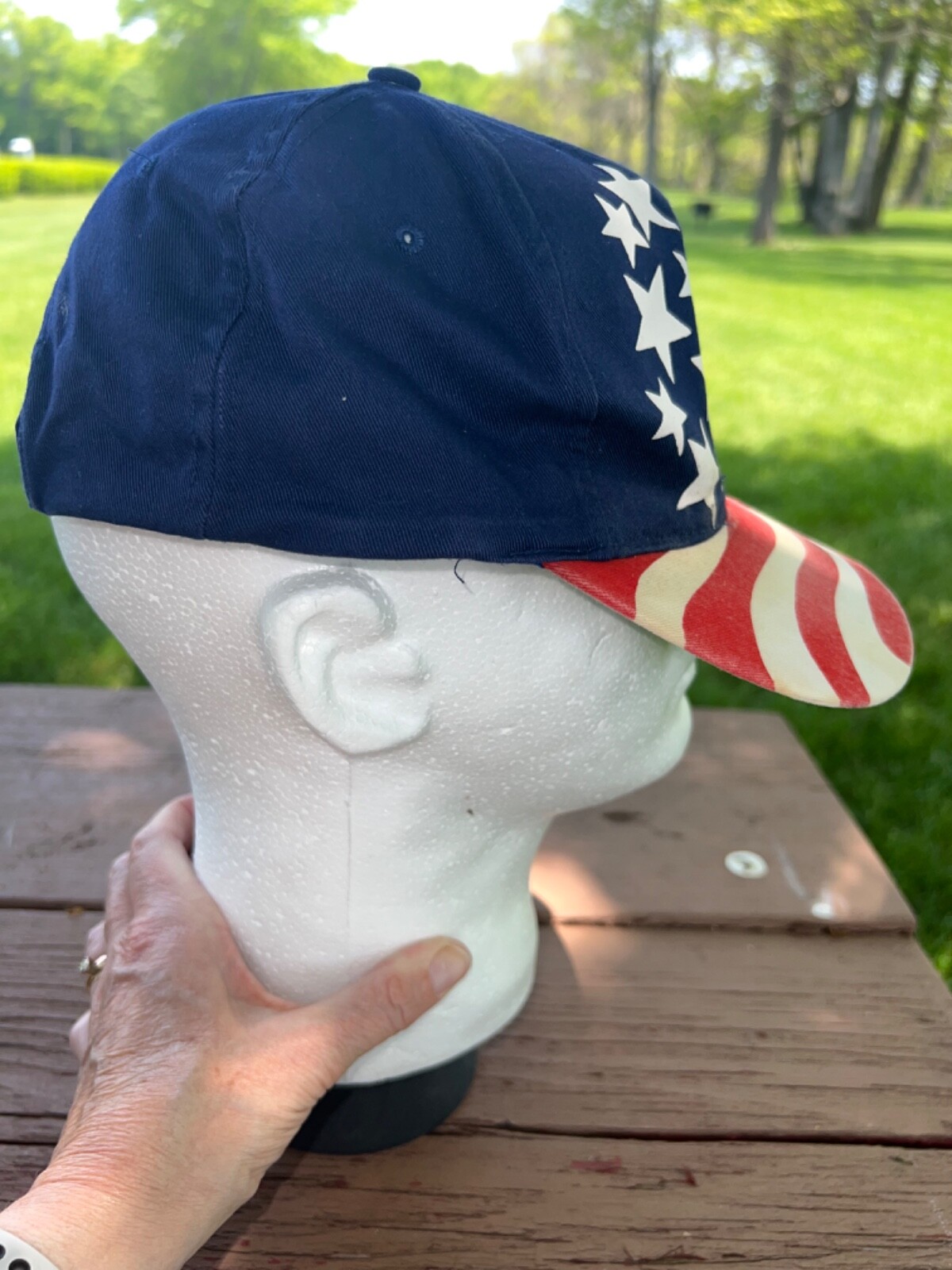 4th of July RWB USA Hat Cap Snapback Wavy Flag Stripes on Bill EUC