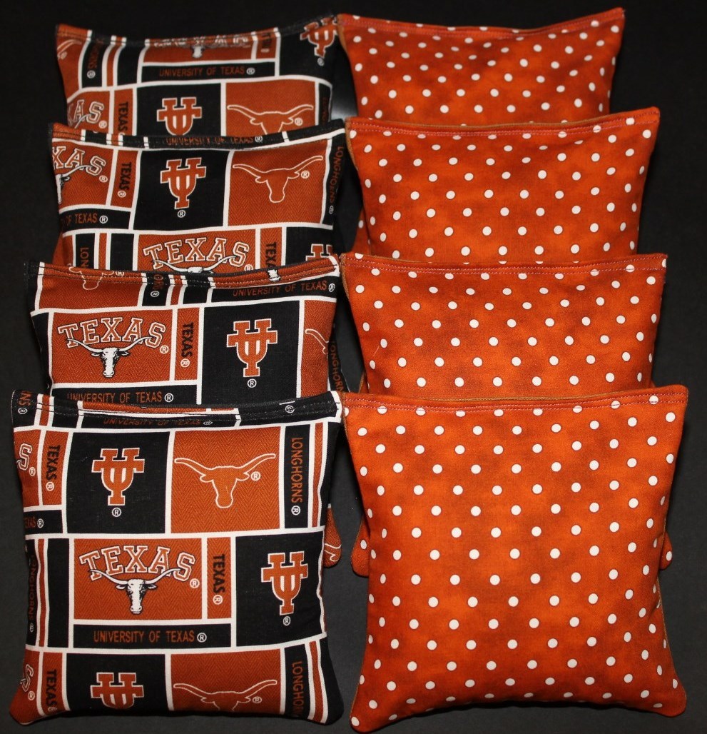8 CORNHOLE BEANBAGS made w UNIVERSITY of TEXAS LONGHORNS Fabric ACA Reg Bags