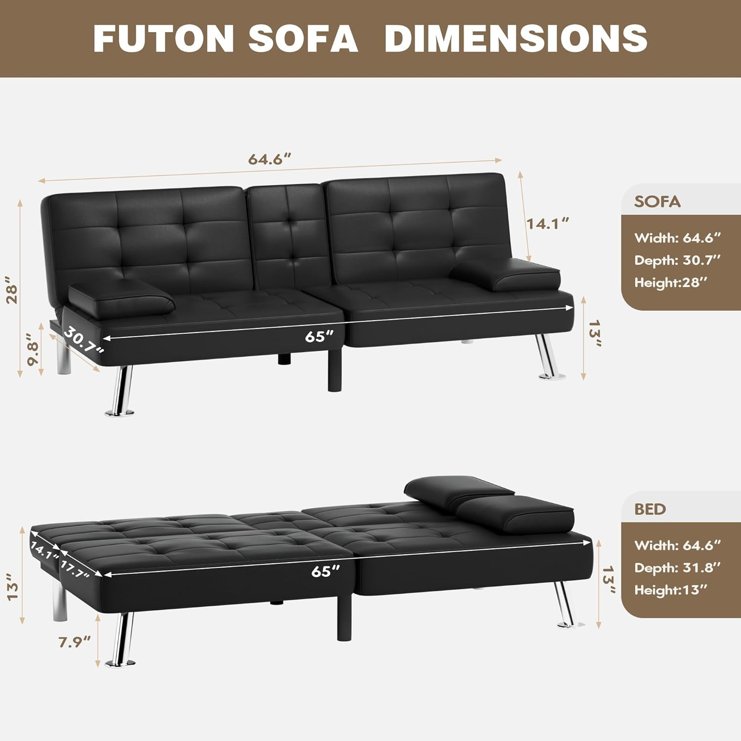 Futon Sofa Bed Leather Couch Recliner with Removable Armrests Cup Holders Black