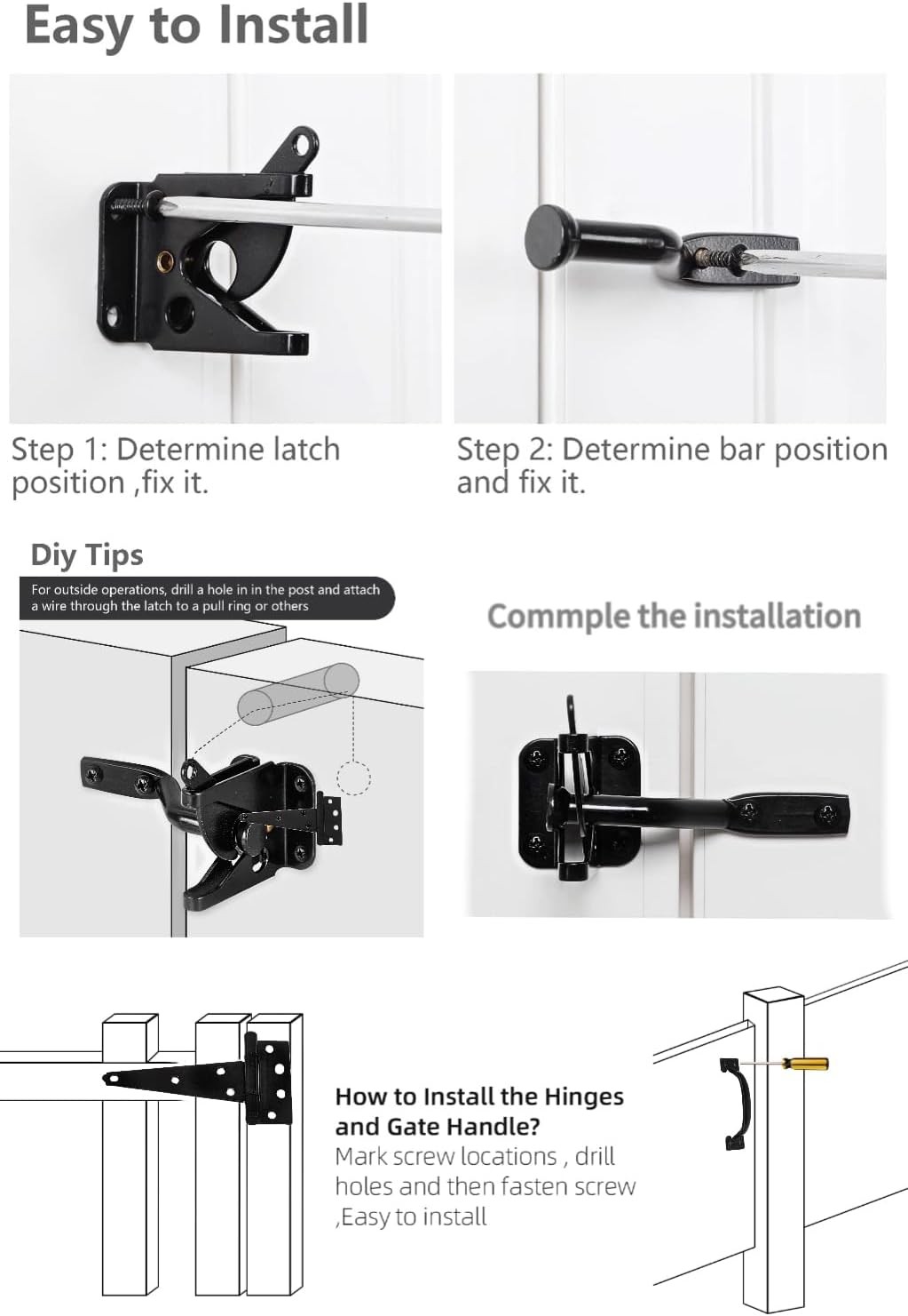 Wood Gate Hardware Set- Heavy Duty 6" Gate Tee Hinge,Pull Set Gate Hardware Kit