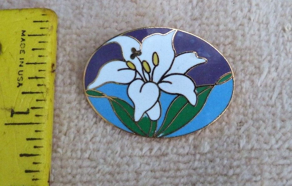 White Lily on purple and blue background Brass-Tone Lapel Pin 1 1/4 inch
