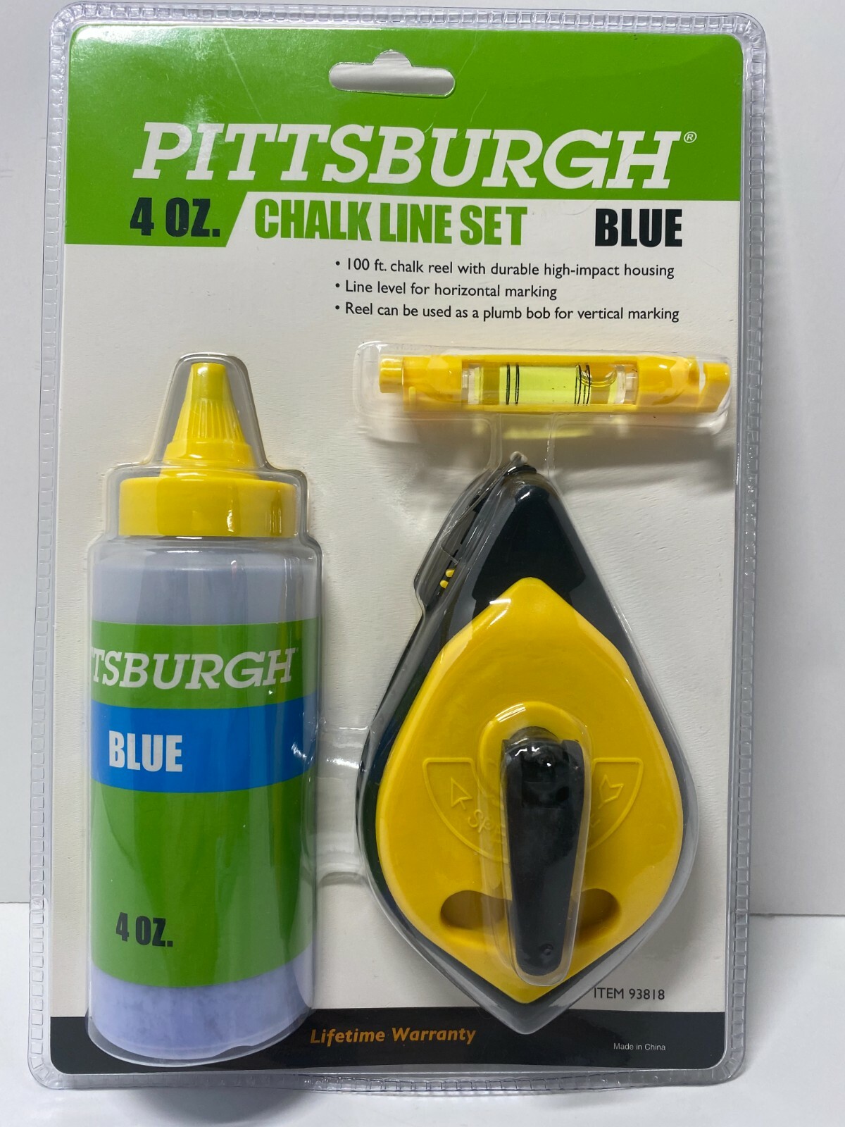 Blue Chalk Line Reel Set with Level and 4oz Blue Chalk 100ft
