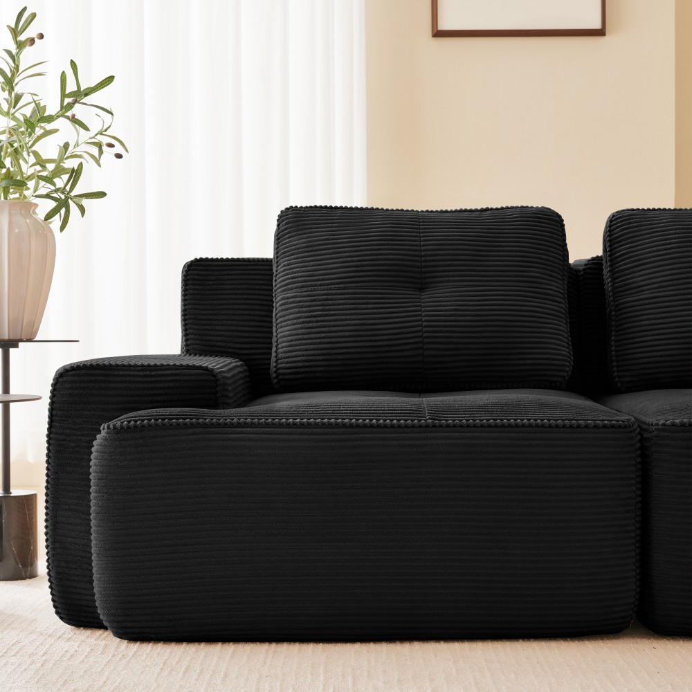 117" Modern Modular Sofa w/ Deep Seat, Tufted Design, Corduroy Fabric, Black