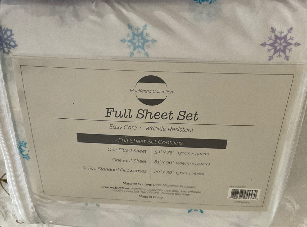 McKenna Coll Microfiber Polyester FULL Sheet Set 4 Piece Set SNOWFLAKE New