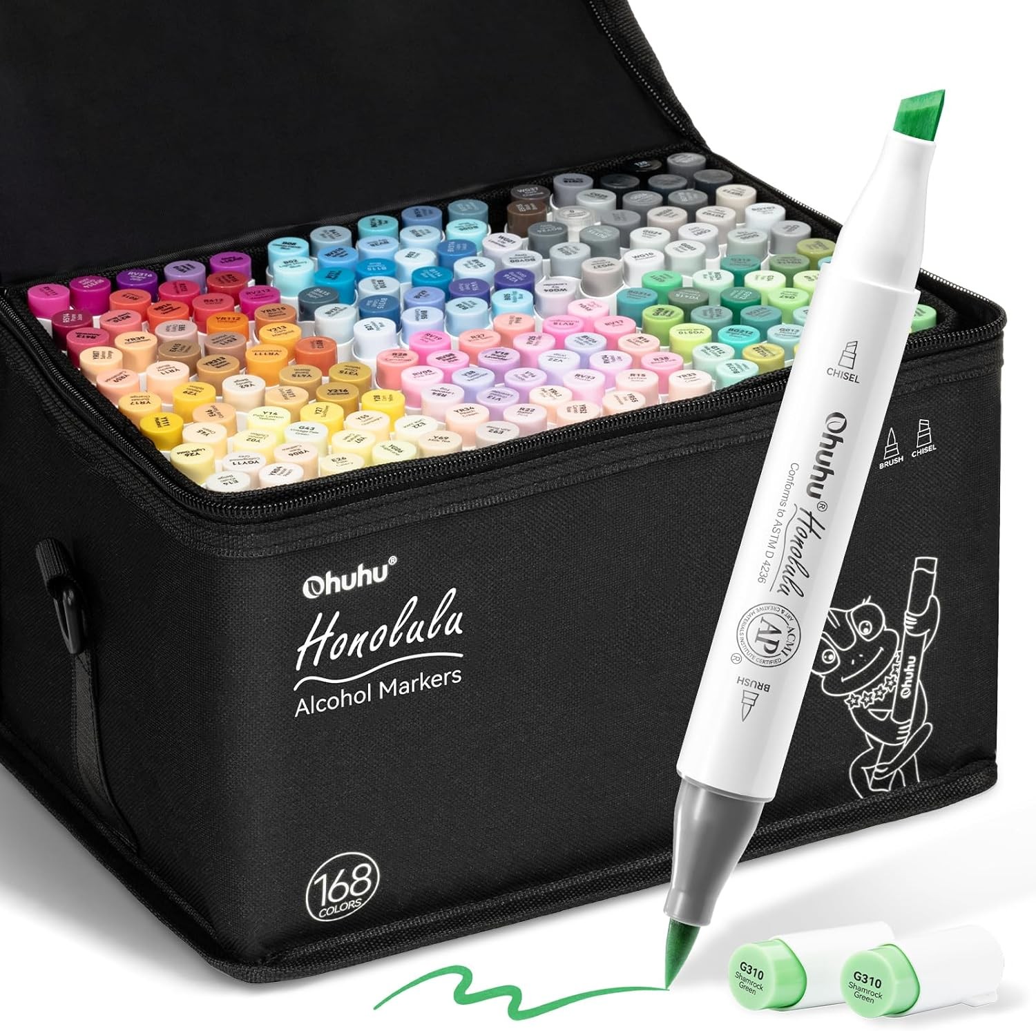 Ohuhu Alcohol Markers 168-color Double Tipped Brush & Chisel- Refillable Markers