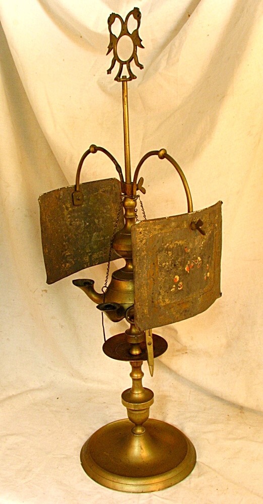 ANTIQUE LUCERNE OIL LAMP FLORENTINE ITALIAN w 2 SHADES c.1880 25" TALL