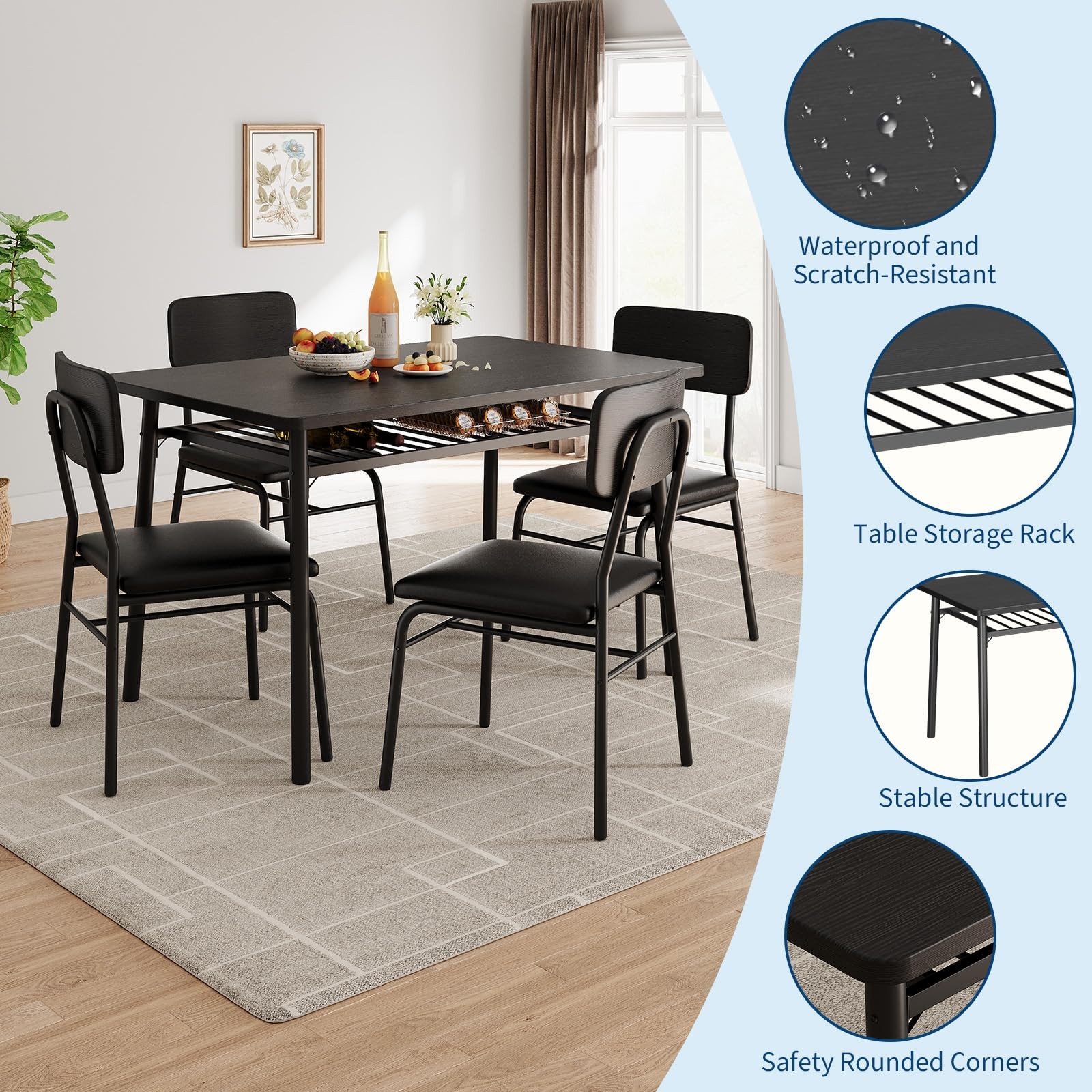 Dining Table Set for 4 with Storage Rack, Chairs w/ Upholstered Chairs Table Set