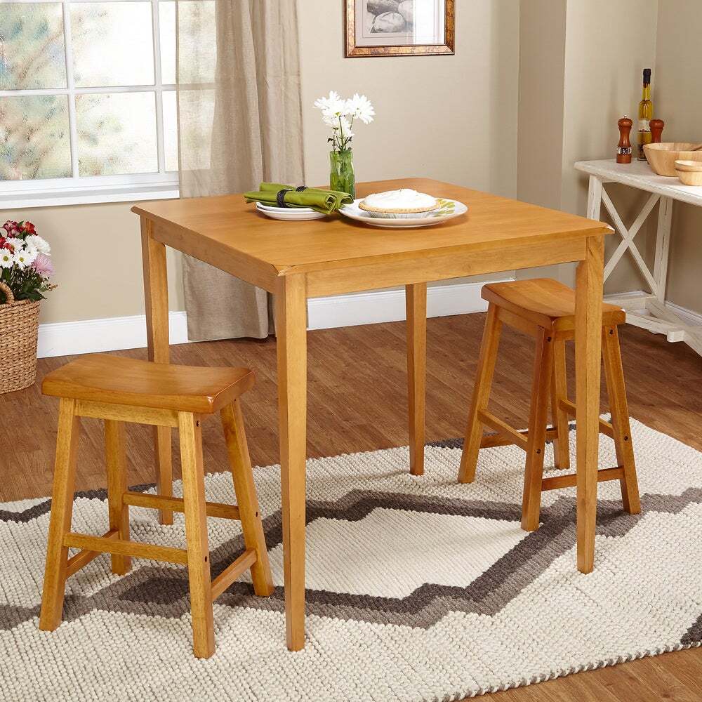 Oak Wooden Breakfast Dining Set Bistro Table Saddle Counter Stools Bar Kitchen
