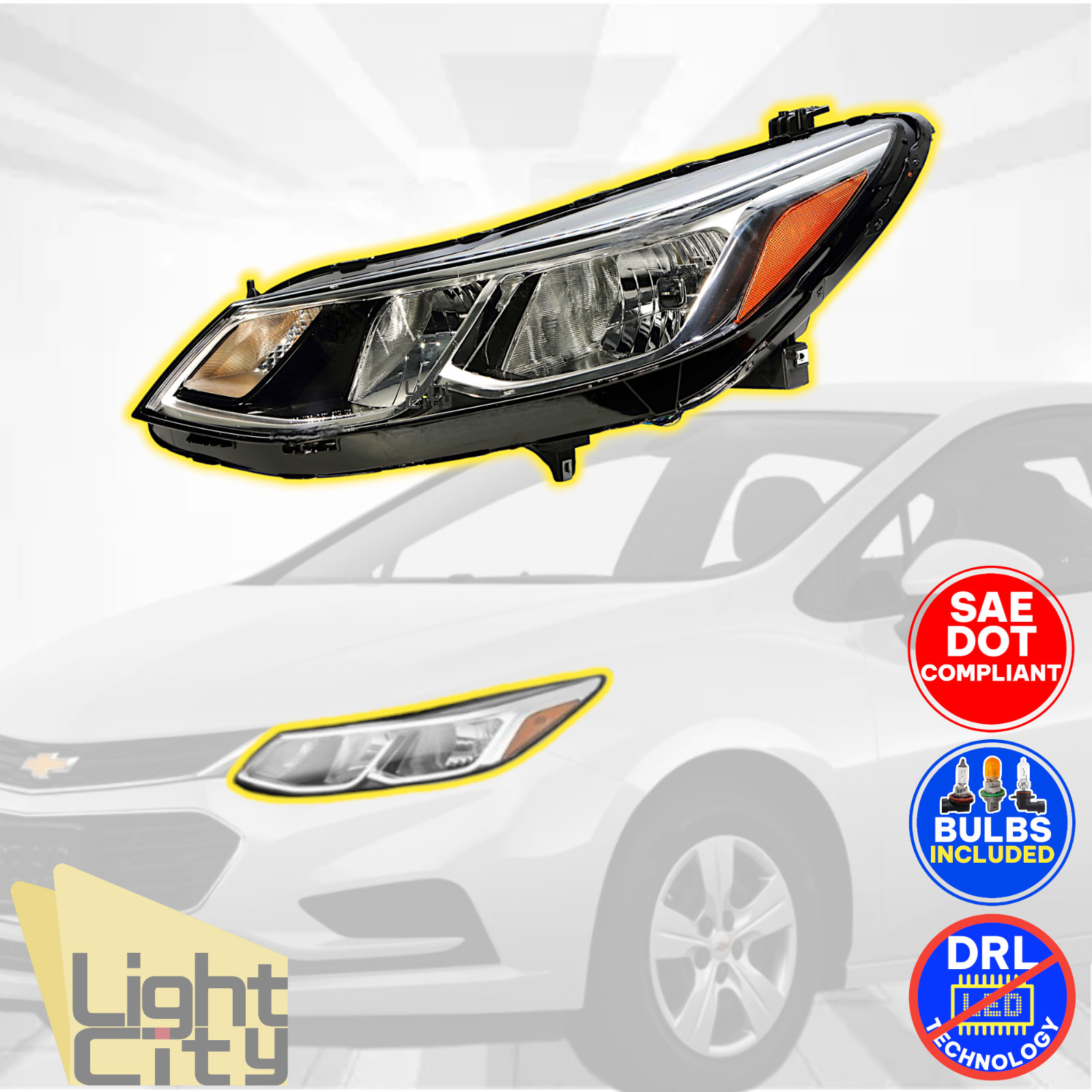 Halogen Headlight With Bulbs w/o LED DRL Driver Side For 2016-2019 Chevy Cruze