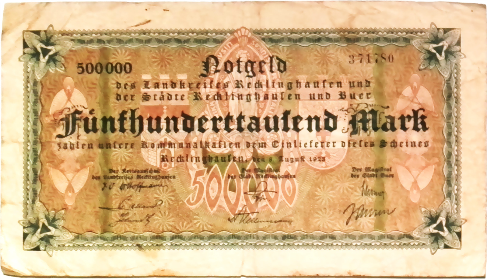 1923 Germany RECKLINGHAUSEN 500.000 Mark Banknote