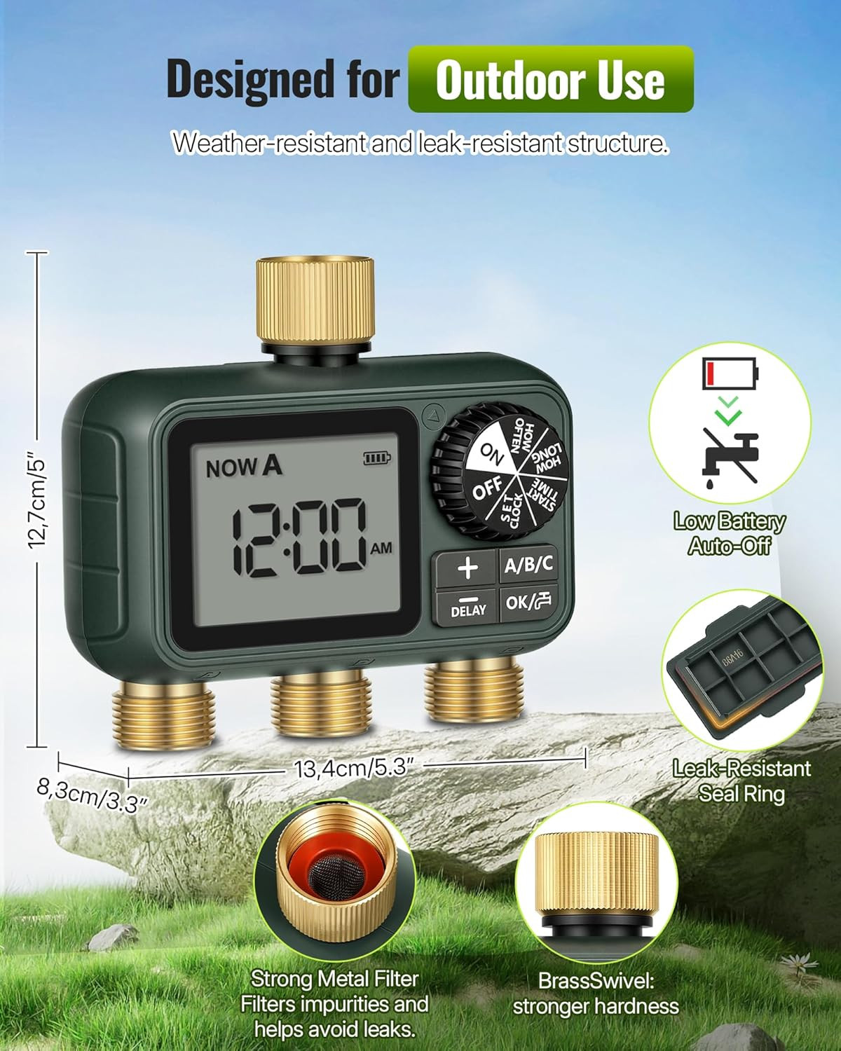 Programmable Brass Sprinkler Timer with 3 Outlets for Garden & Lawn Care