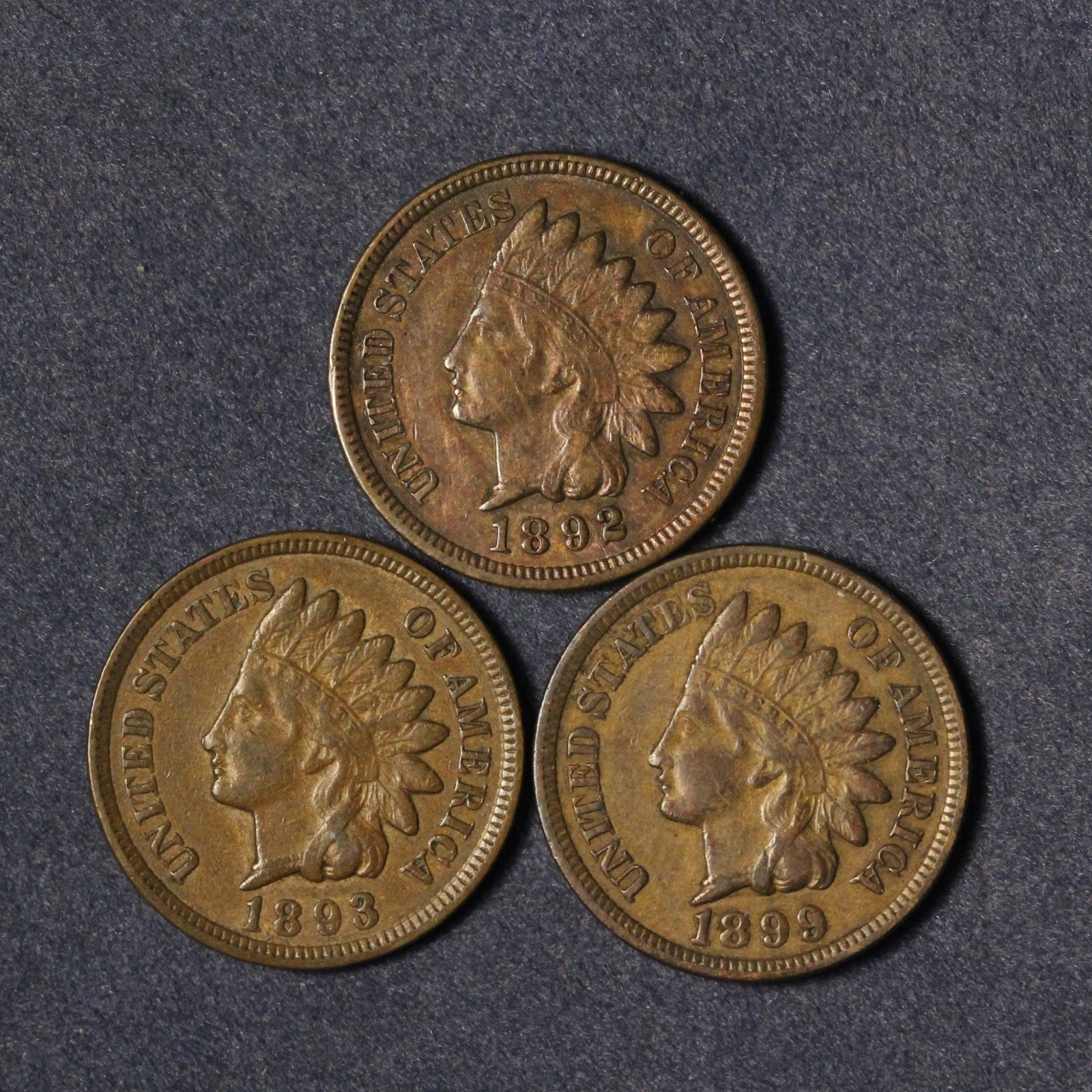 1892, 1893 & 1899 1c Indian Head Cent Trio - Free Shipping USA