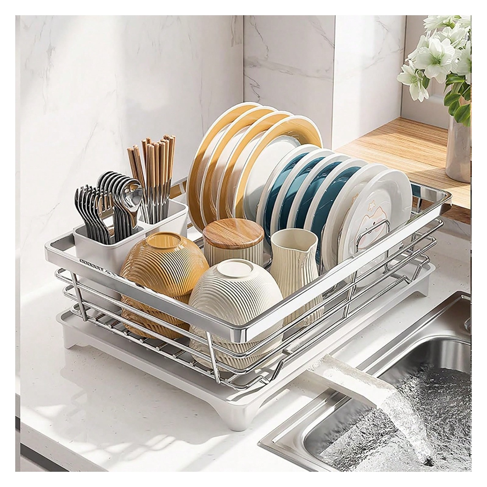 Stainless Steel Dish Drying Rack Drainboard 17.7in White Utensil Holder